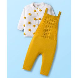 Babyhug Sweater Knit Winter Wear Dungaree Style Romper & Full Raglan Sleeves Inner Tee With Cable Knit Design - White & Mustard