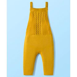 Babyhug Sweater Knit Winter Wear Dungaree Style Romper & Full Raglan Sleeves Inner Tee With Cable Knit Design - White & Mustard