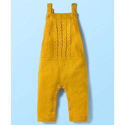 Babyhug Sweater Knit Winter Wear Dungaree Style Romper & Full Raglan Sleeves Inner Tee With Cable Knit Design - White & Mustard