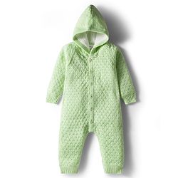 Babyhug  Knit Full Raglan Sleeves Solid Color Winter Wear Romper with Hood - Green