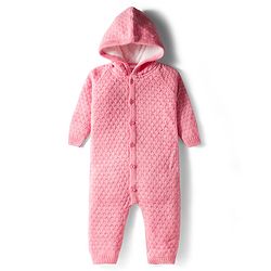 Babyhug  Knit Full Raglan Sleeves Solid Color Winter Wear Romper with Hood - Green