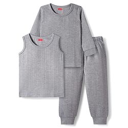 Babyhug Knit Solid Color Full Sleeves Pullover & Sleeveless Thermal Vest & Pant Set - Light Grey