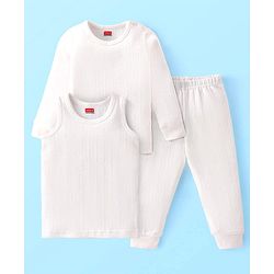 Babyhug Knit Full Sleeves Solid Color Thermal Innerwear Set with Vest - Offwhite