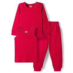 Babyhug Knit Full Sleeves Solid Color Thermal Vests & Pant Set - Red