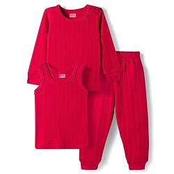 Babyhug Knit Full Sleeves Solid Color Thermal Vests & Pant Set - Red