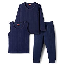 Babyhug Knit Full Sleeves Solid Thermal Set With Vest - Navy Blue