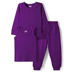 Babyhug Knit Full Sleeves Solid Color Thermal Vests & Pant Set - Purple
