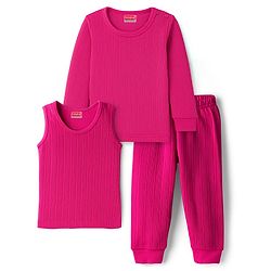Babyhug Knit Full Sleeves Solid Thermal Set With Vest - Dark Pink