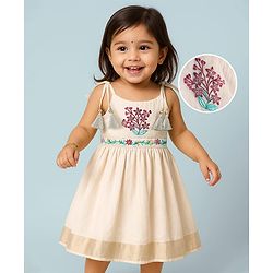Babyhug South Cotton Woven Sleeveless Ethnic Dress with Floral Embroidery - Offwhite