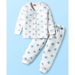 Babyhug Knit Full Sleeves Front Open Co-Ord Thermal Set With Star Print - White