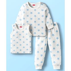 Babyhug Knit Full Sleeves Pullover Co-Ord Thermal Set With Star Print - White