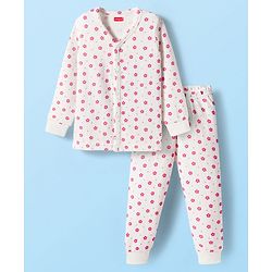 Babyhug Cotton Knit Full Sleeves Thermal Wear Set With Floral Print - White