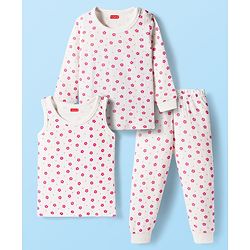 Babyhug Cotton Knit Full Sleeves Thermal Inner Wear Set With Floral Print - White