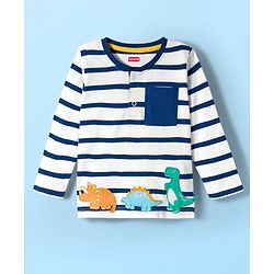 Babyhug 100 % Cotton Knit Full Sleeves  T-Shirt with Stripes & Dino Print - Navy Blue & White