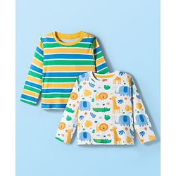 Babyhug 100% Cotton Knit Full Sleeves Striped T-Shirts with Jungle Theme Print Pack of 2 - Multicolor