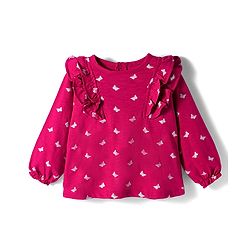 Babyhug 100% Cotton Knit Full Sleeves Top with Butterfly Print & Frill Detailing - Dark Pink