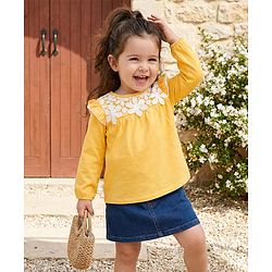 Babyhug 100% Cotton Knit Full Sleeves Top with Frill & Floral Lace Detailing - Yellow