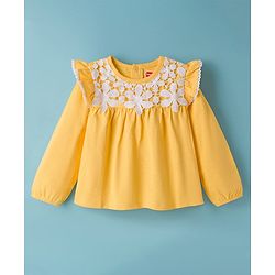 Babyhug 100% Cotton Knit Full Sleeves Top with Frill & Floral Lace Detailing - Yellow