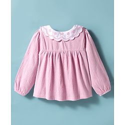 Babyhug Cotton Lycra Knit Full Sleeves Top with Floral Embroidery - Pink