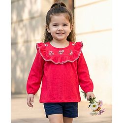 Babyhug Cotton Lycra Knit Full Sleeves Top with Frill Detailing & Floral Embroidery - Red