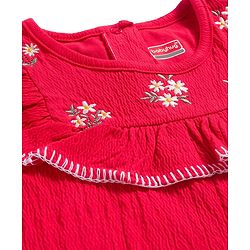 Babyhug Cotton Lycra Knit Full Sleeves Top with Frill Detailing & Floral Embroidery - Red