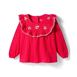 Babyhug Cotton Lycra Knit Full Sleeves Top with Frill Detailing & Floral Embroidery - Red