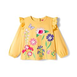 Babyhug 100% Cotton Knit Full Sleeves Top with Frills Floral Print & Applique - Yellow