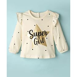 Babyhug 100% Cotton Knit Full Sleeves Top with Star Foil Print & Frill Detailing - Off White