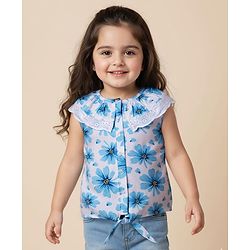 Babyhug 100% Cotton Knit Sleeveless Knotted Top with Floral Print & Frill Detailing - Blue