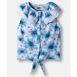 Babyhug 100% Cotton Knit Sleeveless Knotted Top with Floral Print & Frill Detailing - Blue