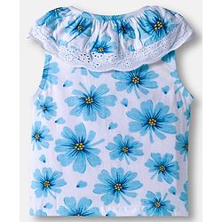 Babyhug 100% Cotton Knit Sleeveless Knotted Top with Floral Print & Frill Detailing - Blue