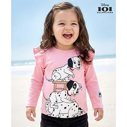 Pine Kids Cotton Knit Full Sleeves Top with Dalmatians Graphics & Frill Detailing - Pink