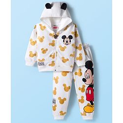 Babyhug Disney Terry Knit Full Sleeves Hooded Sweatshirt and Joggers Set with Mickey Mouse Graphics with Badge and 3D Ear Detailing - White