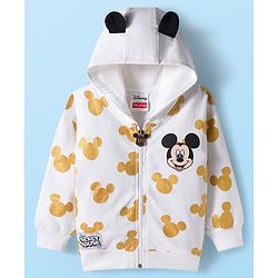 Babyhug Disney Terry Knit Full Sleeves Hooded Sweatshirt and Joggers Set with Mickey Mouse Graphics with Badge and 3D Ear Detailing - White