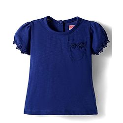 Babyhug 100% Cotton Knit Half Puffed Sleeves Top with Lace Detailing - Navy Blue