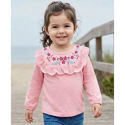 Babyhug 100% Cotton Knit Full Sleeves Top with Floral Embroidery & & Frill Detailing - Pink