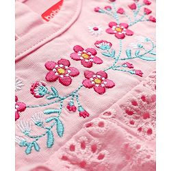 Babyhug 100% Cotton Knit Full Sleeves Top with Floral Embroidery & & Frill Detailing - Pink