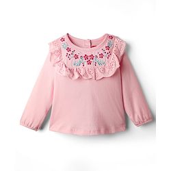 Babyhug 100% Cotton Knit Full Sleeves Top with Floral Embroidery & & Frill Detailing - Pink