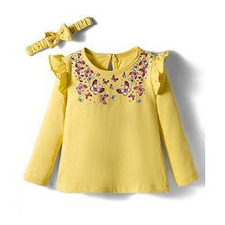 Babyhug 100% Cotton Knit Top & Hairband with Butterfly Print & Frill Detailing - Yellow