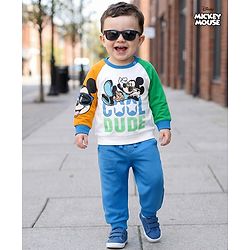 Babyhug Disney Terry Knit Full Raglan Sleeves Sweatshirt and Joggers Set with Mickey Mouse Graphics - Blue