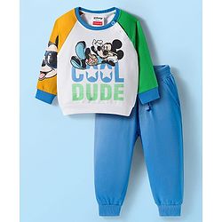 Babyhug Disney Terry Knit Full Raglan Sleeves Sweatshirt and Joggers Set with Mickey Mouse Graphics - Blue