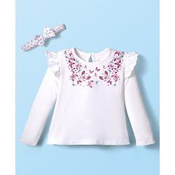 Babyhug 100% Cotton Knit Top & Hairband with Butterfly Print & Frill Detailing - White