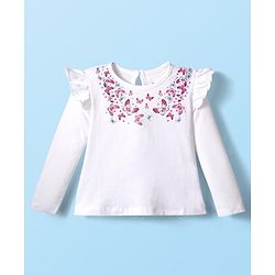 Babyhug 100% Cotton Knit Top & Hairband with Butterfly Print & Frill Detailing - White