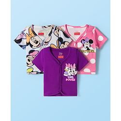 Babyhug Disney Interlock Knit Half Sleeves Front Open Jhablas With Minnie Mouse & Family Graphics Pack Of 3 - Purple Pink & White