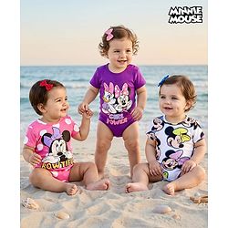 Babyhug Disney Interlock Knit Half Sleeves Onesies with Minnie Mouse & Family Graphics Pack of 3 - White Purple & Pink