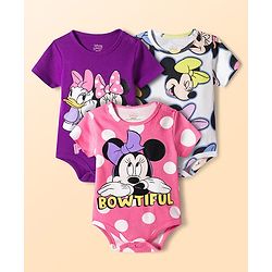 Babyhug Disney Interlock Knit Half Sleeves Onesies with Minnie Mouse & Family Graphics Pack of 3 - White Purple & Pink