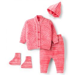 Babyhug Knit Full Sleeves Front Open Solid Coloured Sweater Set With Cap & Booties - Pink