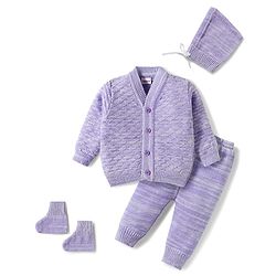 Babyhug Knitted Full Sleeves Solid Sweater Set With Cap & Booties - Purple