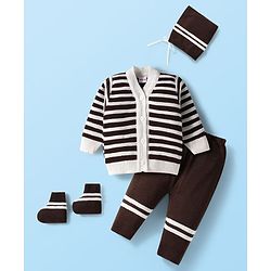 Babyhug Knitted Full Sleeves Striped Front Open Sweater Set With Cap & Booties - Brown & White