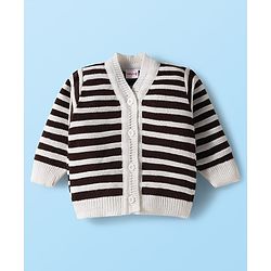 Babyhug Knitted Full Sleeves Striped Front Open Sweater Set With Cap & Booties - Brown & White